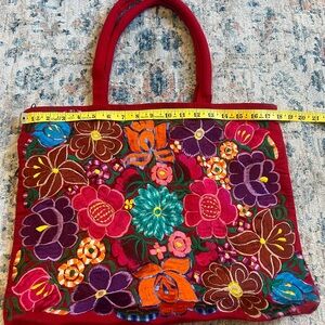 Floral Embroidered Red Tote Bag